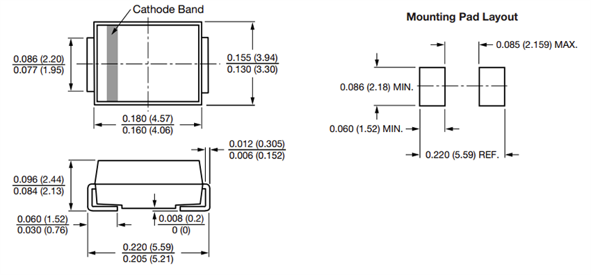 Mechanical Drawing - Vishay General Semiconductor SxBx Surface-Mount Glass Passivated Rectifiers